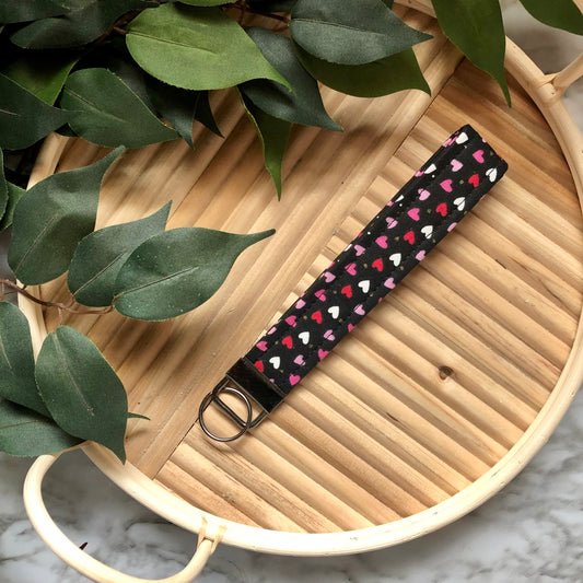 Black Mini Hearts & Glitter Dots Print Fabric Wristlet Keychain, Key Fob