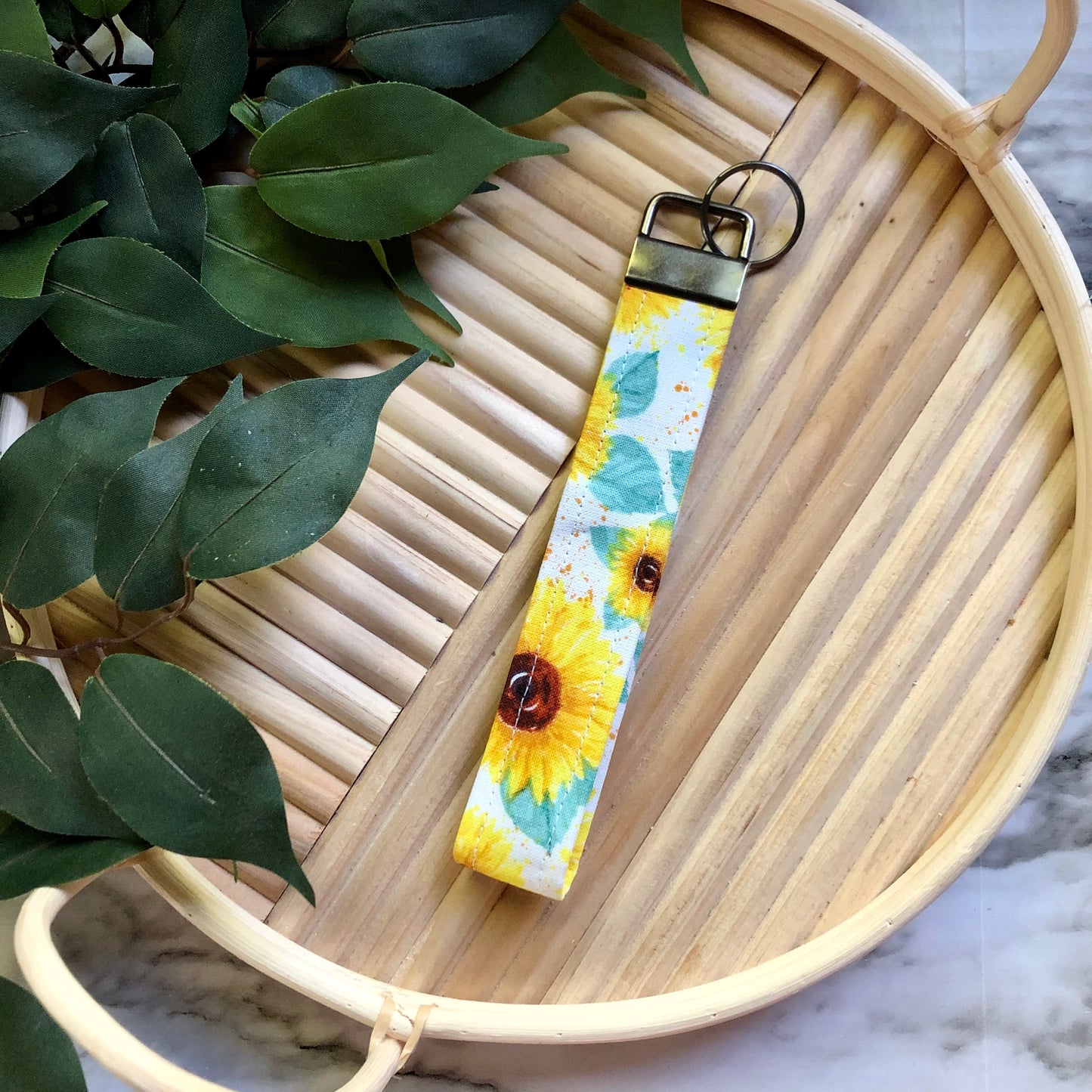 Sunflower Print Fabric Wristlet Keychain, Key Fob