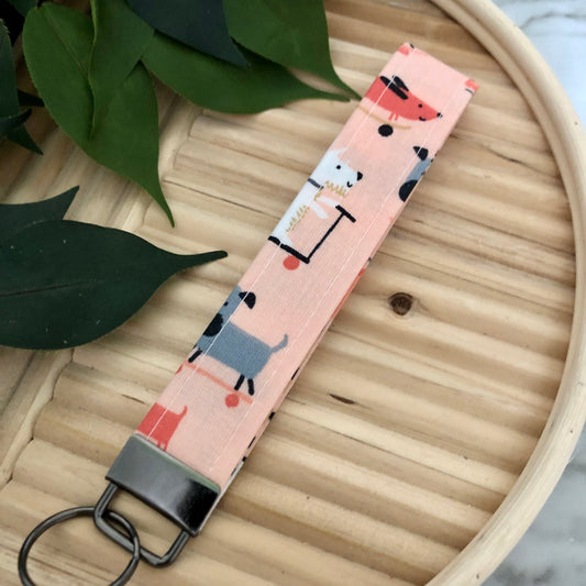 Skater Pups Print Fabric Wristlet Keychain, Key Fob