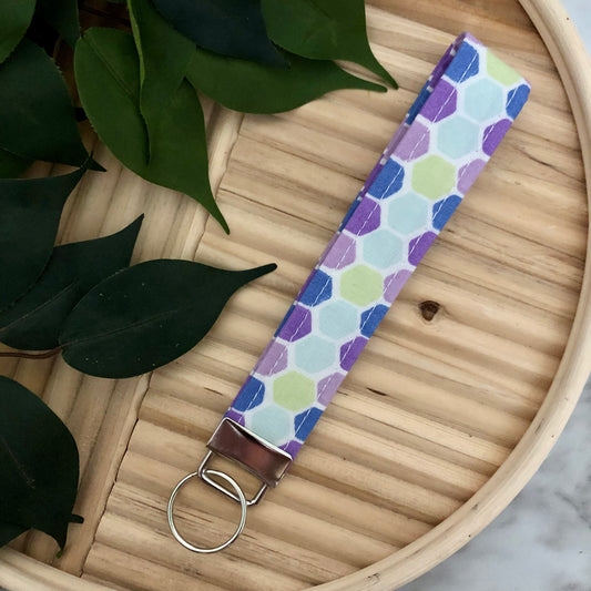 Purple Honeycomb Print Fabric Wristlet Keychain, Key Fob