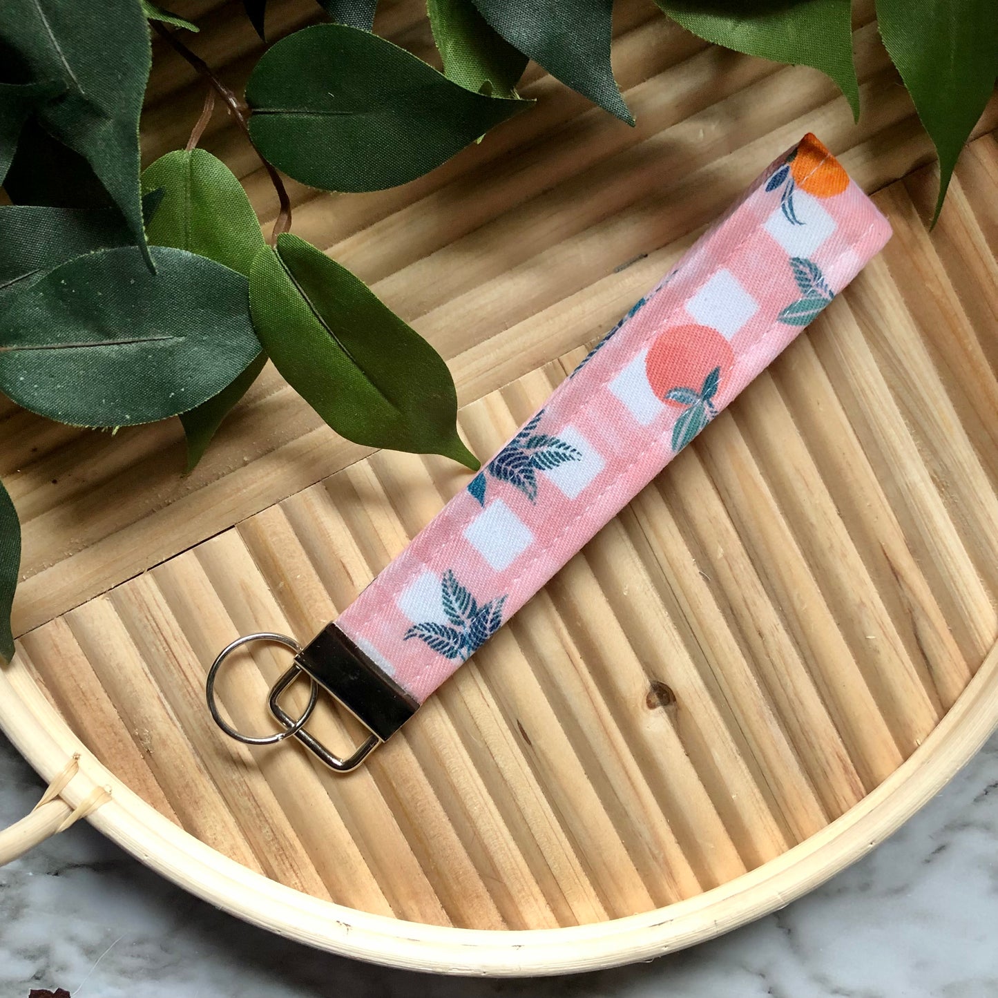 Peaches on Pink Gingham Print Fabric Wristlet Keychain, Key Fob