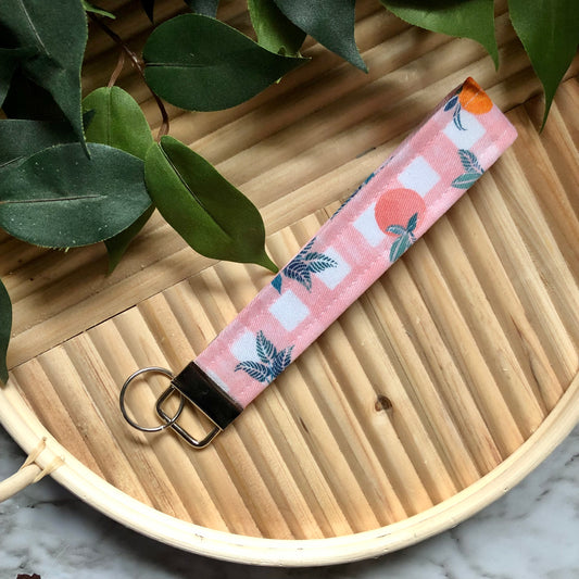 Peaches on Pink Gingham Print Fabric Wristlet Keychain, Key Fob
