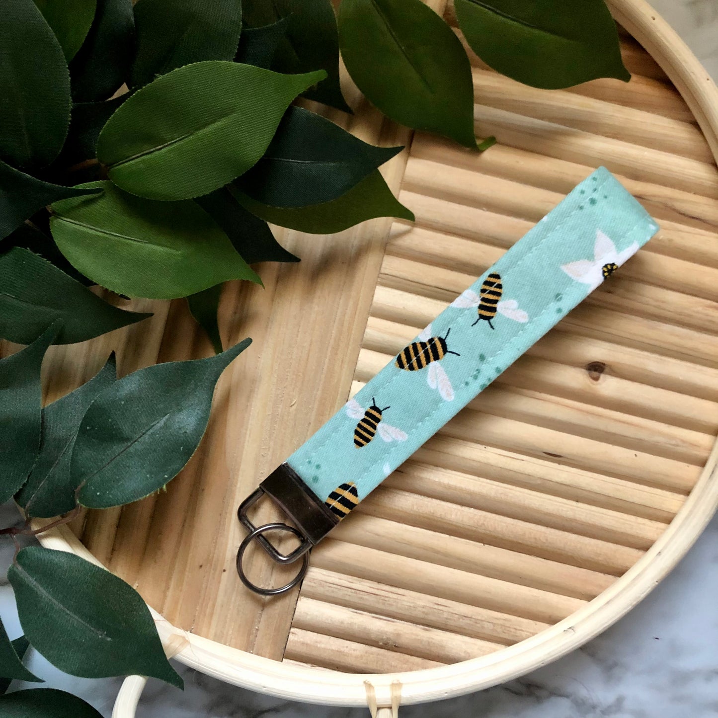 Aqua Bumble Bee Print Fabric Wristlet Keychain, Key Fob