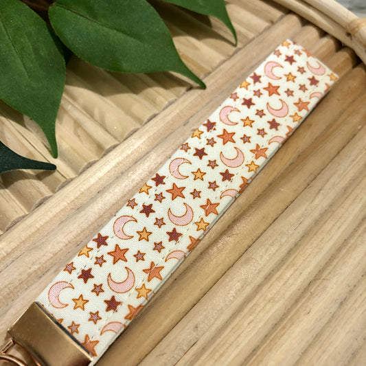 Pink Stars and Moon Print Fabric Keychain, Key Fob