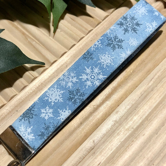 Blue Glitter Snowflake Print Fabric Wristlet Keychain, Key Fob