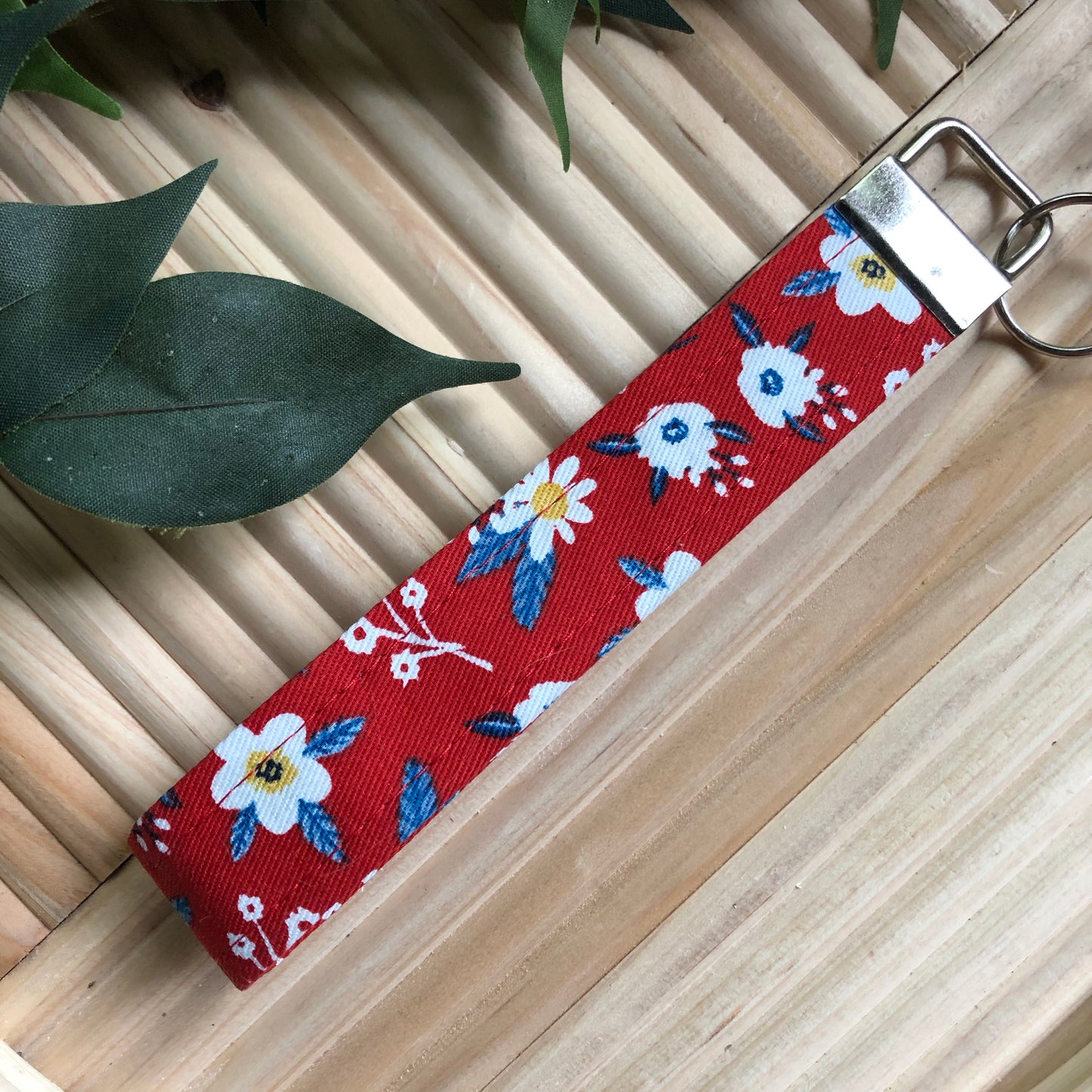 Red Floral Print Wristlet Keychain, Key Fob
