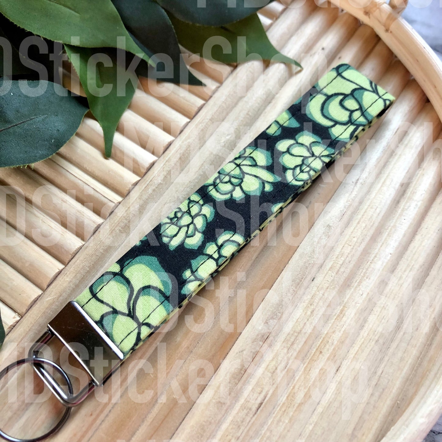 Black Succulent Print Fabric Keychain