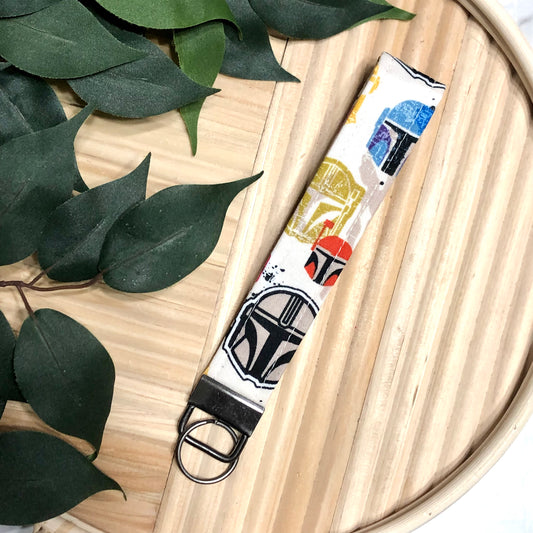 Mandalorian Colorful Helmet Print Fabric Wristlet Keychain, Key Fob