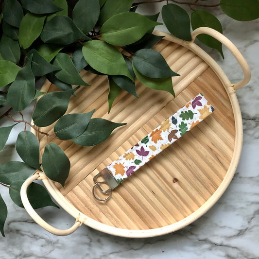 Fall Leaves Print Fabric Wristlet Keychain, Key Fob