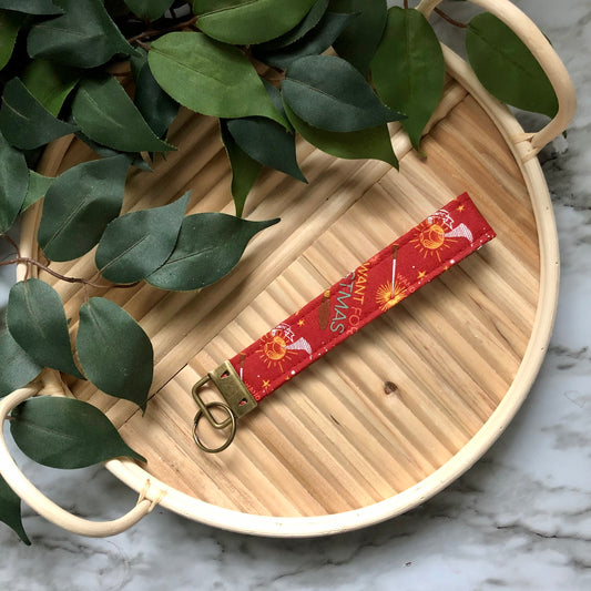 Harry Potter Christmas Wishes Print Fabric Wristlet Keychain, Key Fob