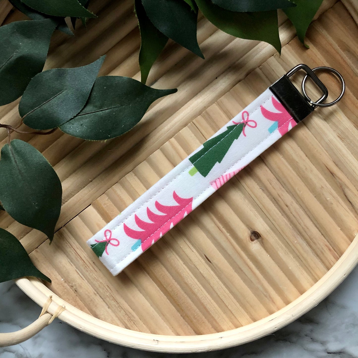 Bright Winter Trees Print Fabric Wristlet Keychain, Key Fob