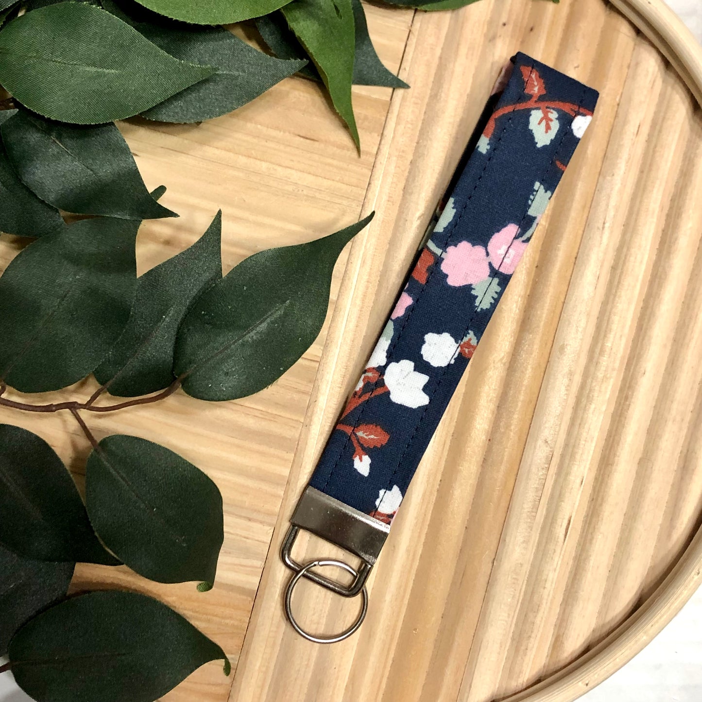 Navy Floral Vine Print Fabric Wristlet Keychain, Key Fob
