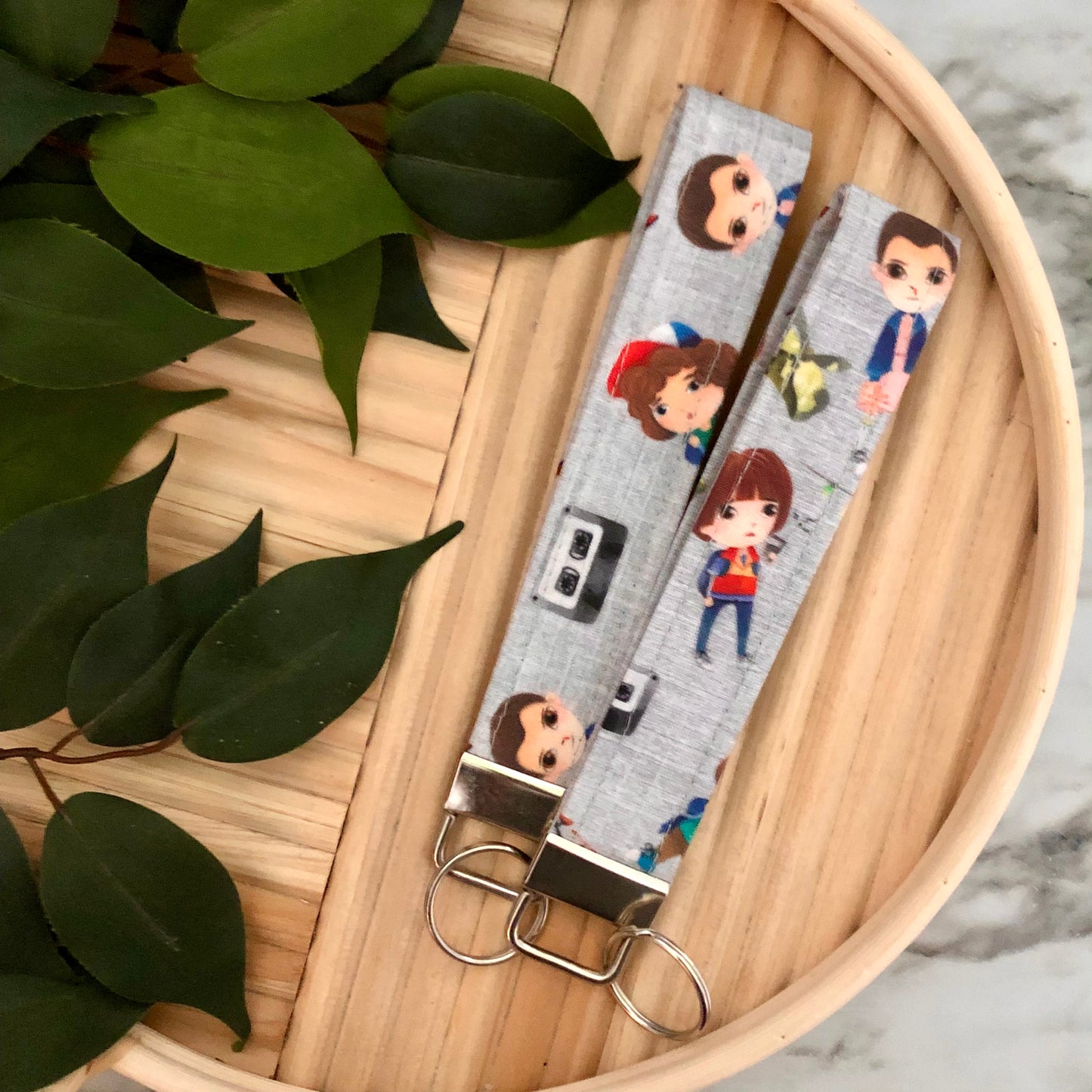 Stranger Things Cartoon Cast Print Fabric Wristlet Keychain, Key Fob