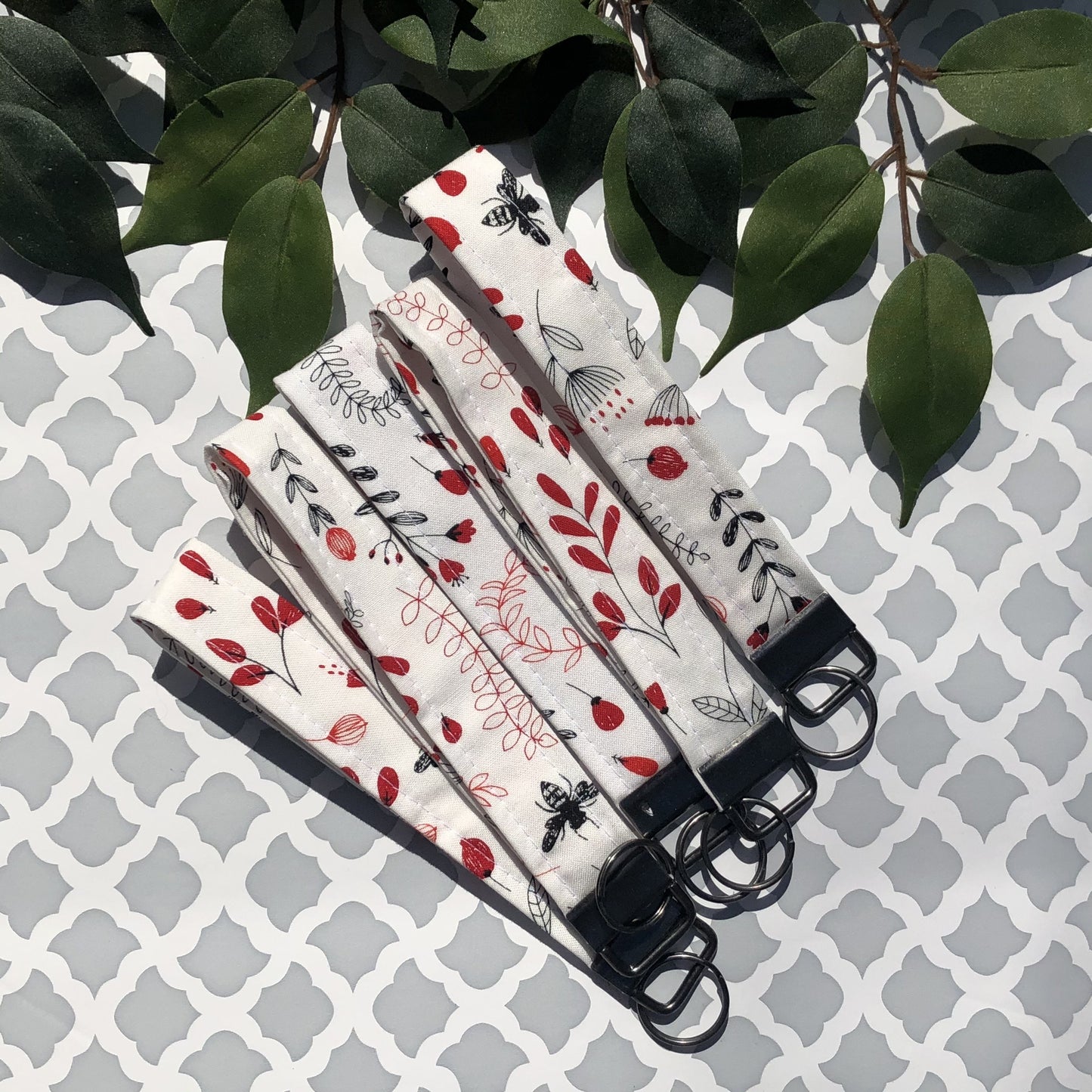 Red and White Garden Print Fabric Wristlet Keychain, Key Fob