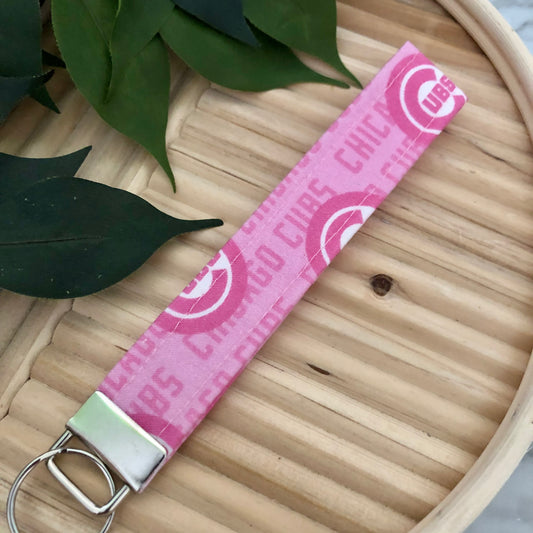 Chicago Cubs Pink Print Fabric Wristlet Keychain, Key Fob