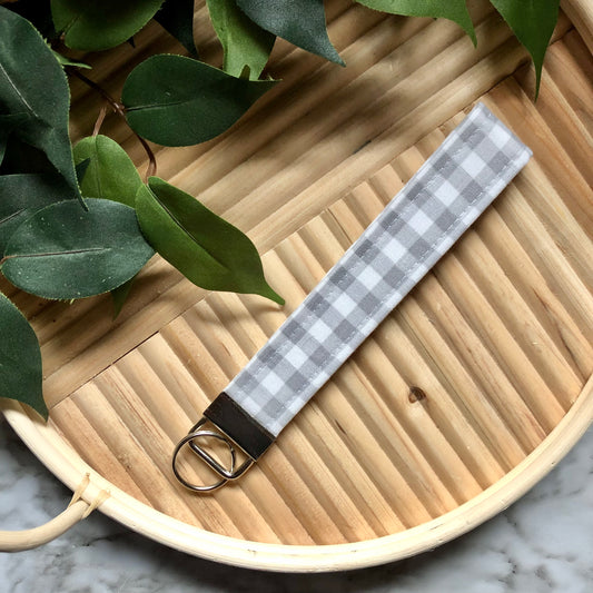 Light Grey Gingham Print Fabric Wristlet Keychain, Key Fob