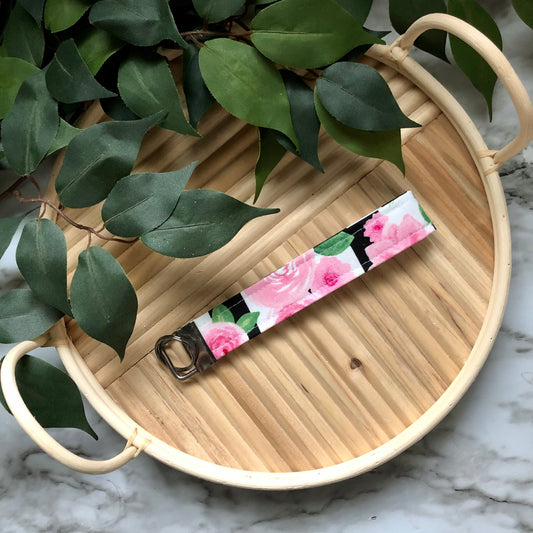 Flowers and Stripe Print Fabric Wristlet Keychain, Key Fob
