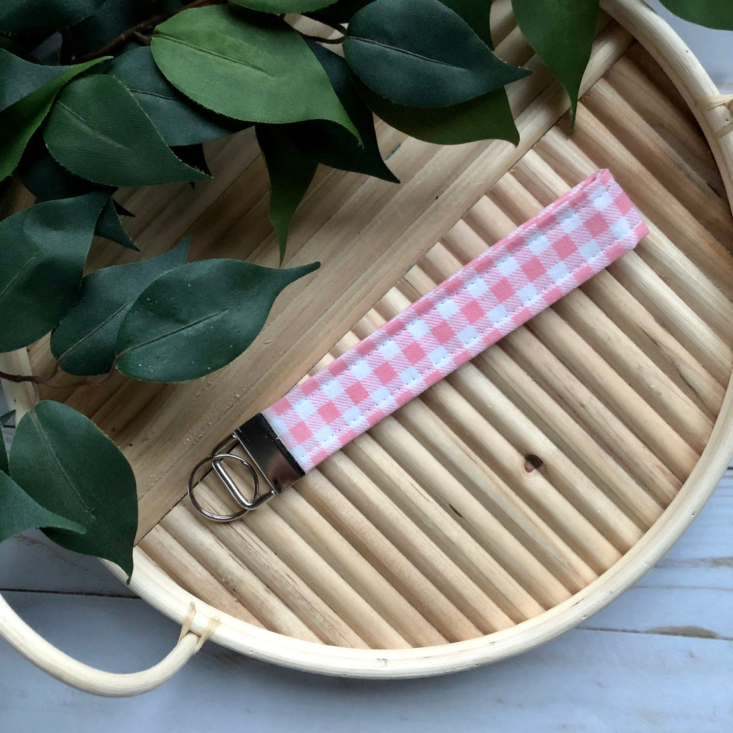Light Pink Gingham Print Fabric Wristlet Keychain, Key Fob