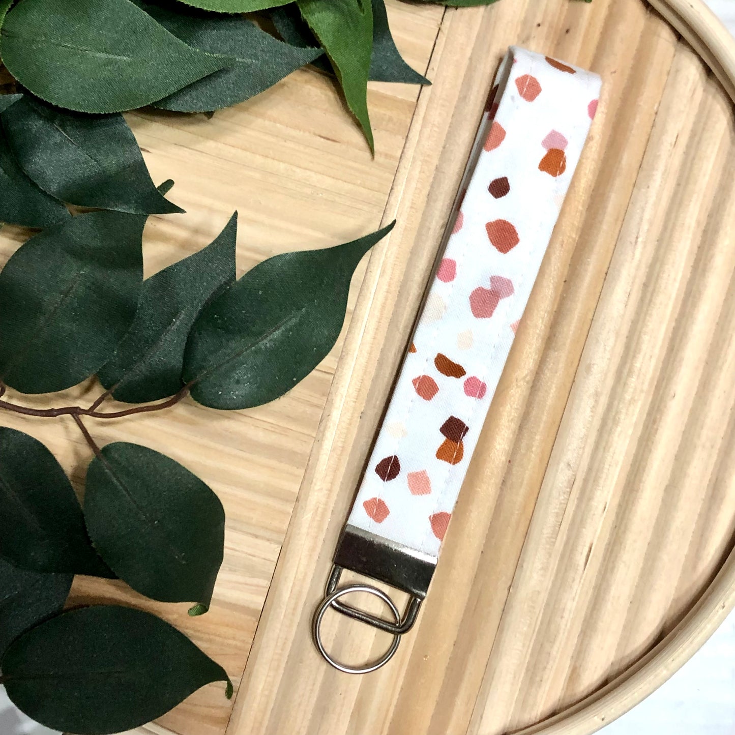 Mauve Confetti Print Fabric Wristlet Keychain, Key Fob