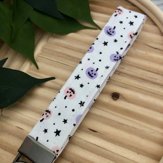 Pastel Jack O Lantern Print Fabric Wristlet Keychain, Key Fob