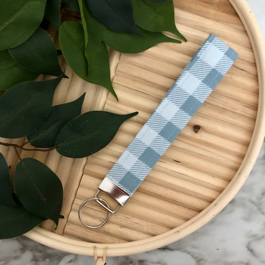Blue Plaid Check Print Fabric Wristlet Keychain, Key Fob