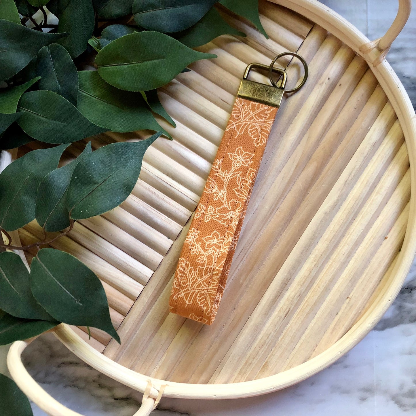 Rust Floral Outline Print Fabric Wristlet Keychain, Key Fob