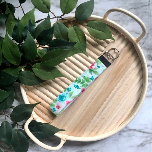 Light Blue Bright Floral Print Fabric Wristlet Keychain, Key Fob