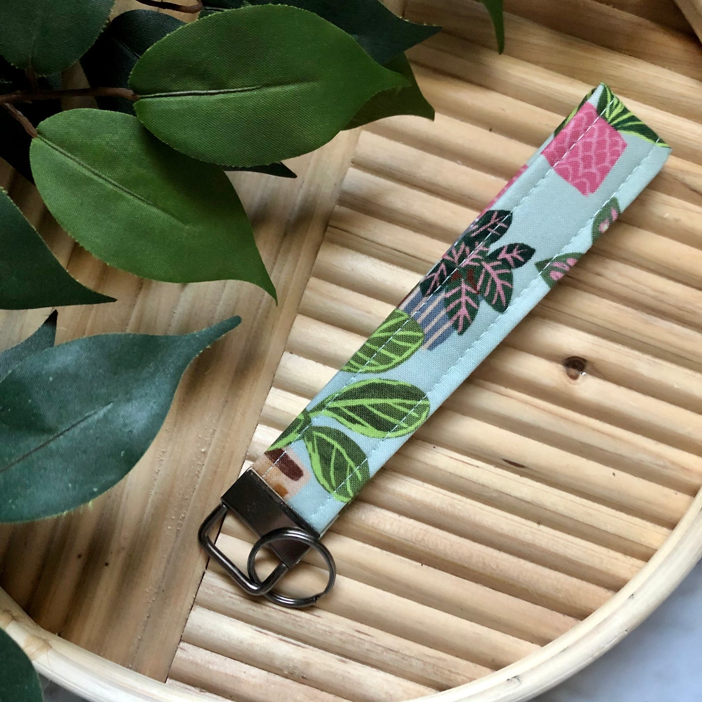 Potted Plants on Green Print Fabric Wristlet Keychain, Key Fob