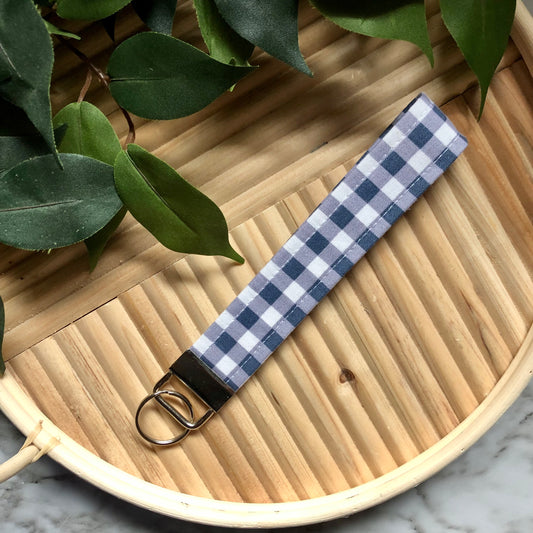 Navy Blue Gingham Print Fabric Wristlet Keychain, Key Fob