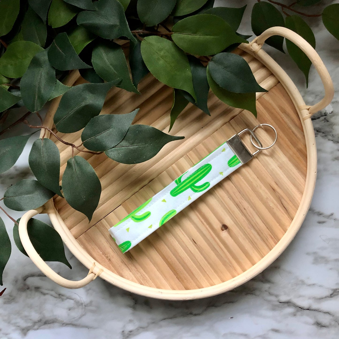 White Cactus Print Fabric Wristlet Keychain, Key Fob