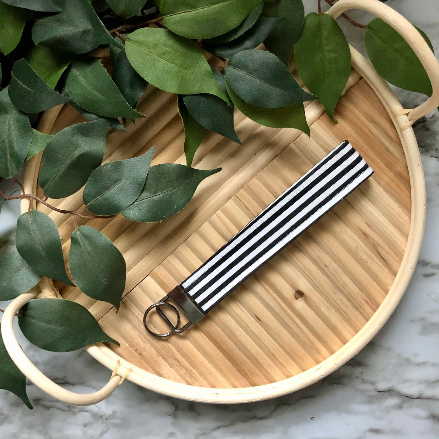 Black and White Stripe Print Fabric Wristlet Keychain, Key Fob