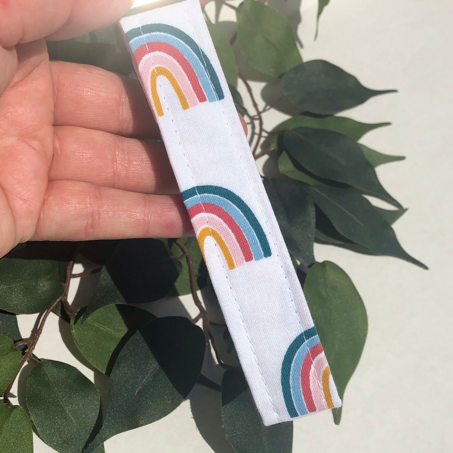 White Rainbow Print Fabric Wristlet Keychain, Key Fob