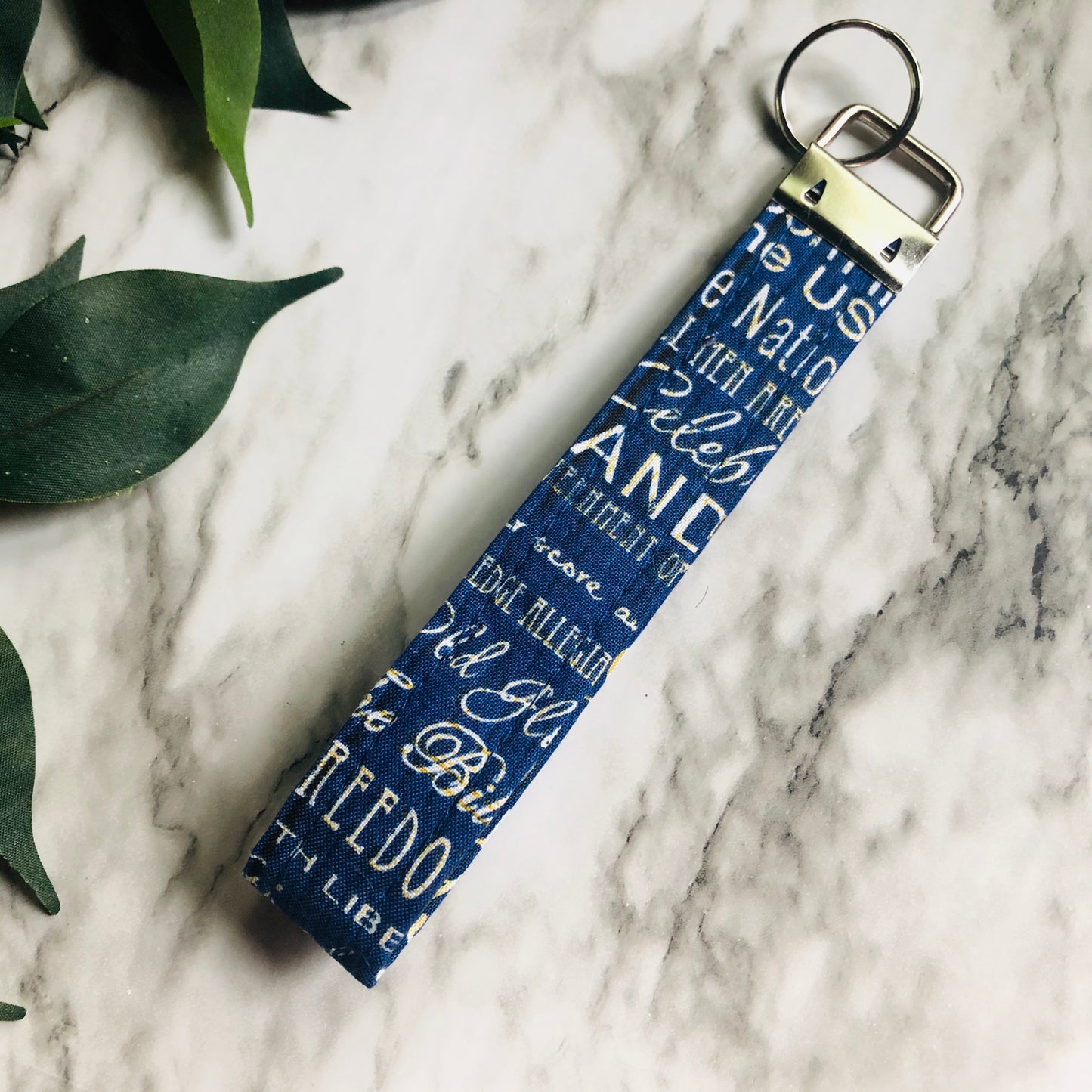 Navy Patriotic Word Print Fabric Wristlet Keychain, Key Fob
