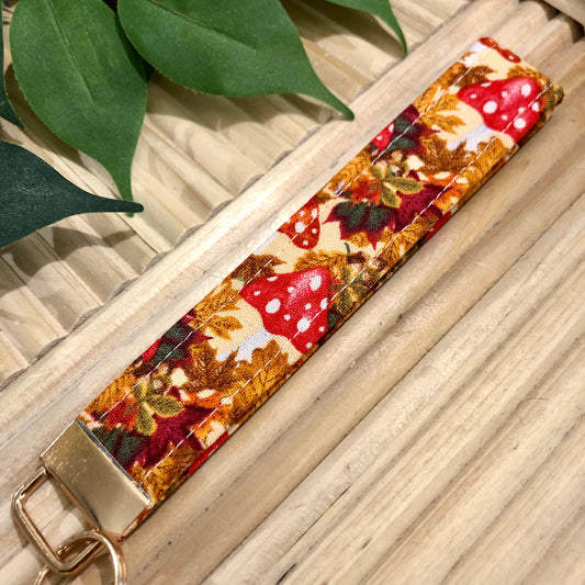 Autumn Mushroom Print Fabric Keychain, Key Fob