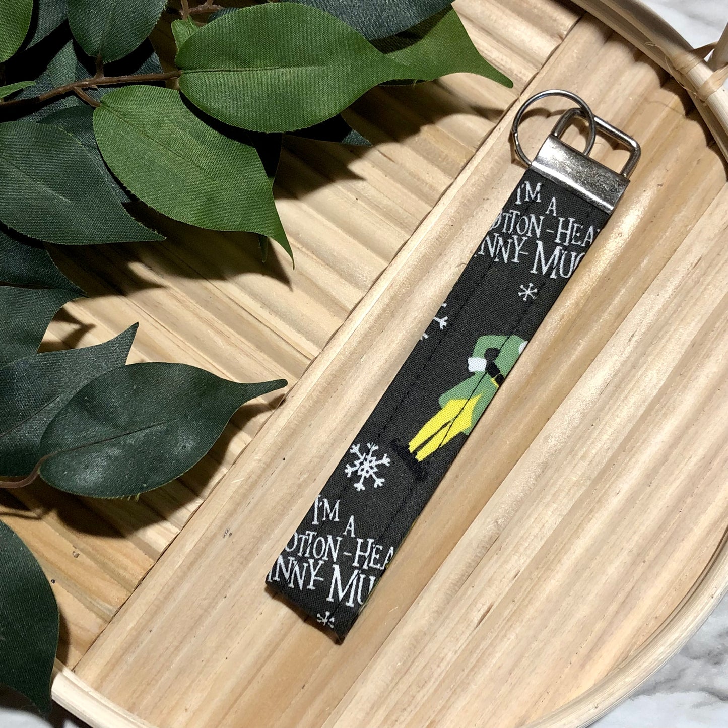 Elf Christmas Print Fabric Wristlet Keychain, Key Fob