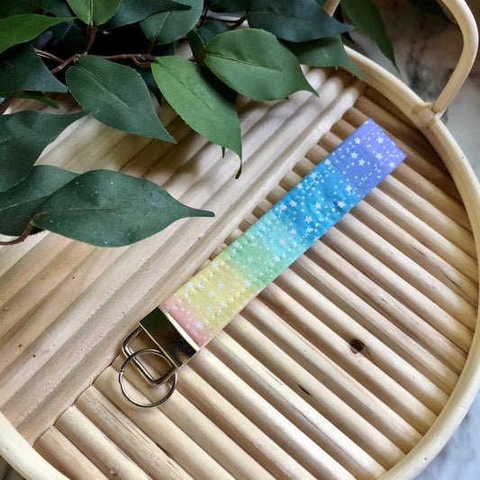 Pastel Rainbow and White Stars Print Fabric Keychain, Key Fob