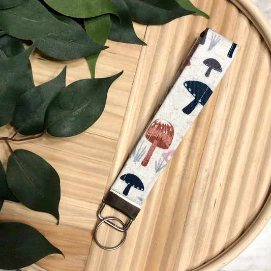 Cream Mushroom Print Fabric Wristlet Keychain, Key Fob
