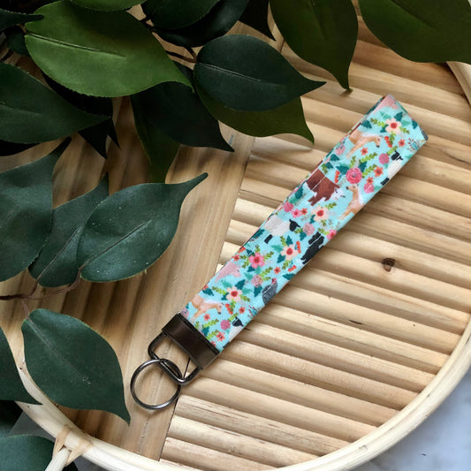Farm Animal Print Fabric Wristlet Keychain, Key Fob
