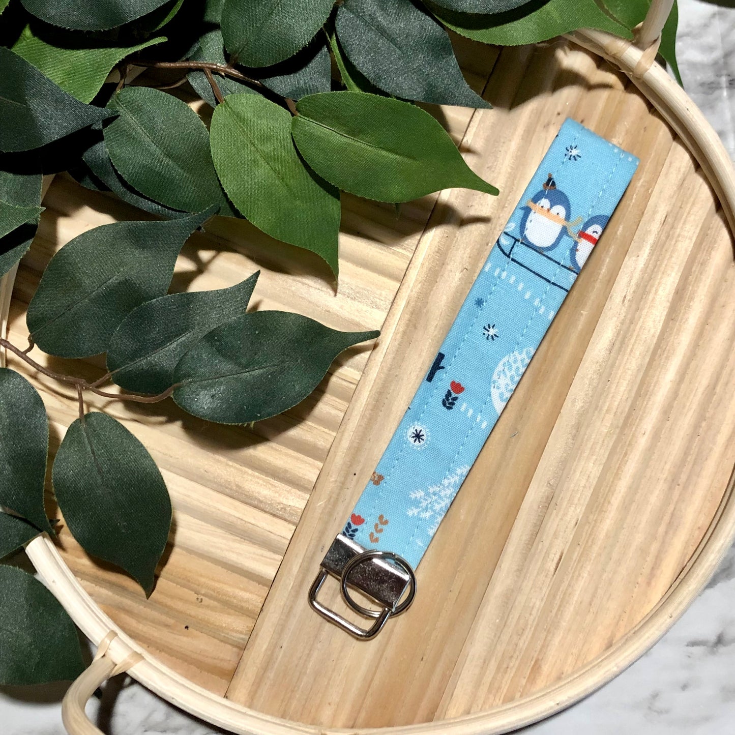 Blue Winter Animal Friends Print Wristlet Keychain, Key Fob