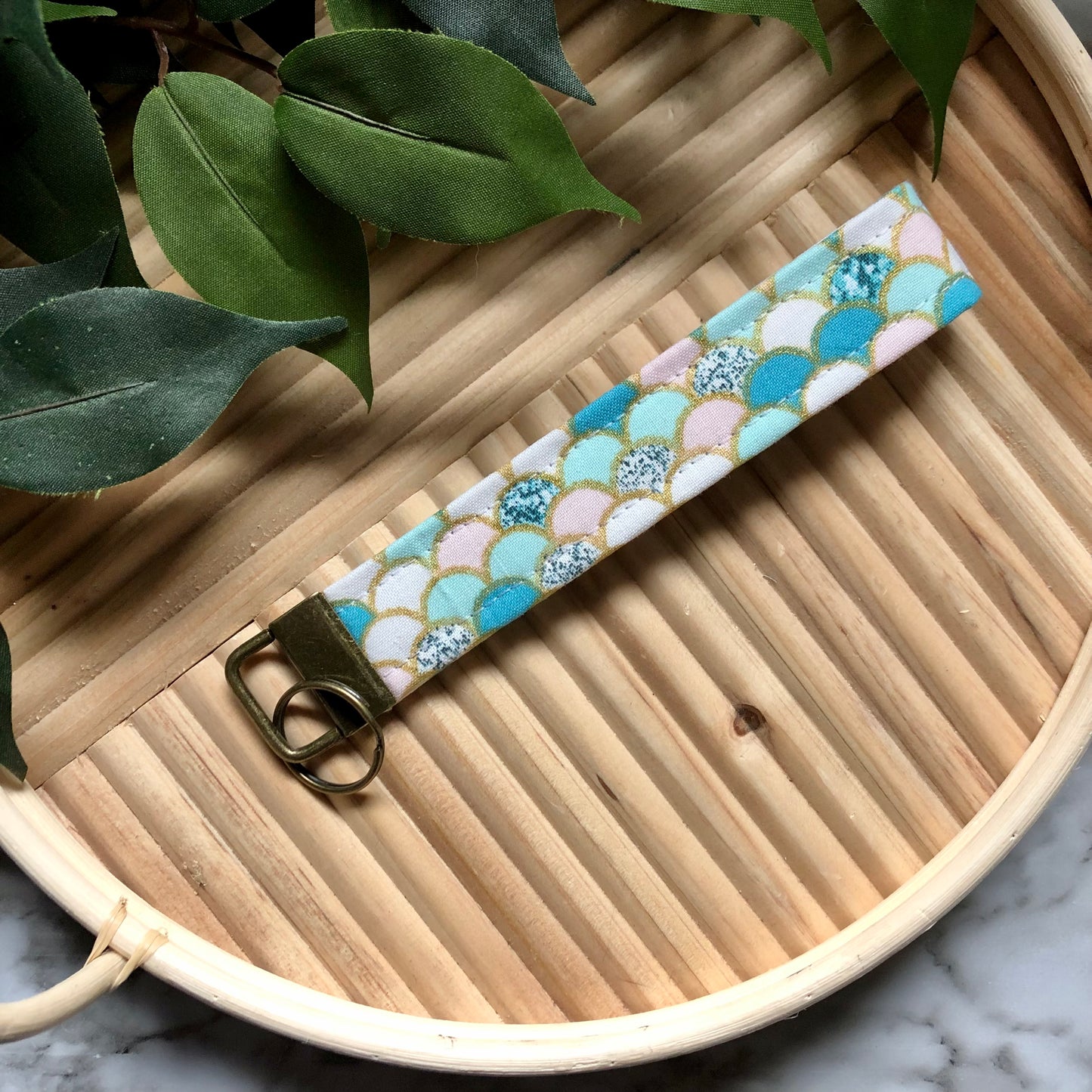 Mermaid Scale Print Fabric Wristlet Keychain, Key Fob