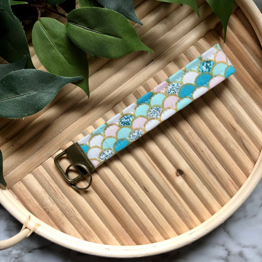 Mermaid Scale Print Fabric Wristlet Keychain, Key Fob