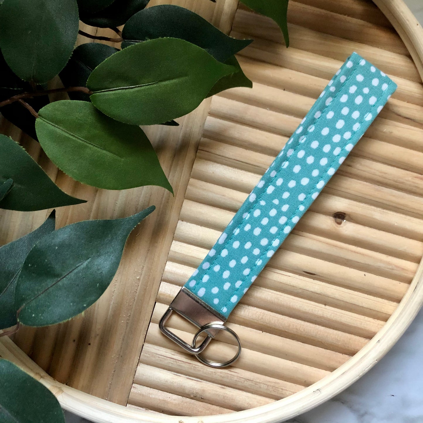 Teal Dots Print Fabric Wristlet Keychain, Key Fob