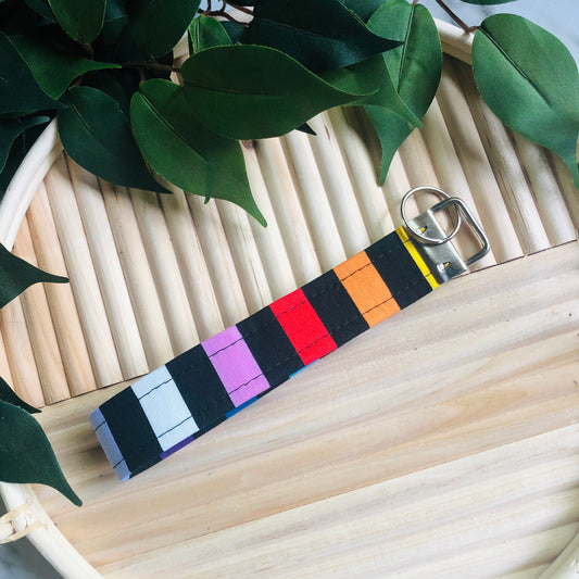 Black and Rainbow Stripe Print Fabric Wristlet Keychain, Key Fob