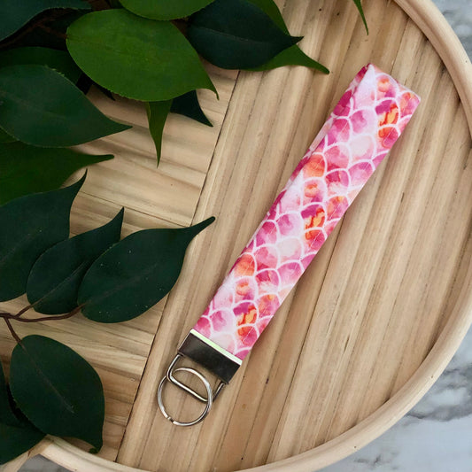 Pink Watercolor Mermaid Scale Print Fabric Wristlet Keychain, Key Fob