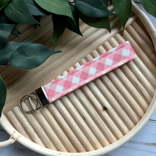 Bubblegum Pink Cross Gingham Print Fabric Wristlet Keychain, Key Fob