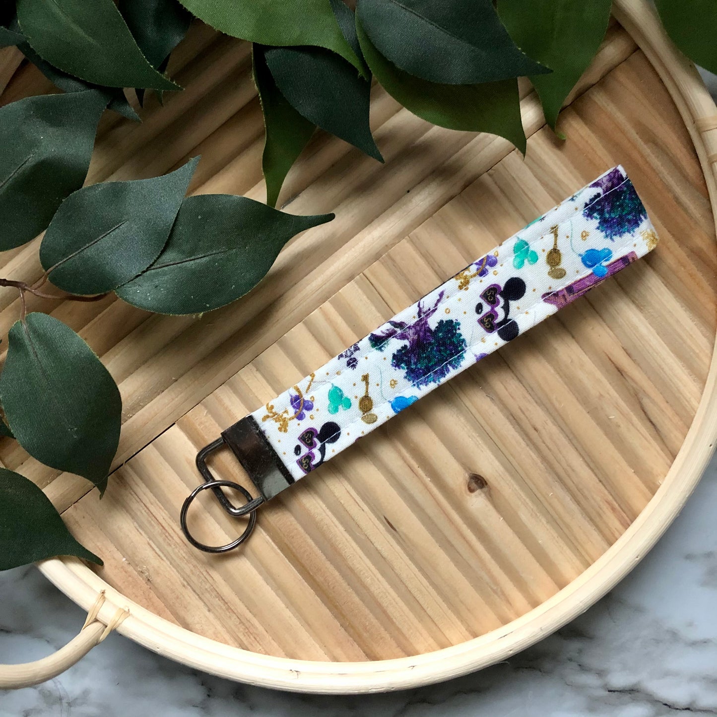 Disney 50th Anniversary Print Fabric Wristlet Keychain, Key Fob