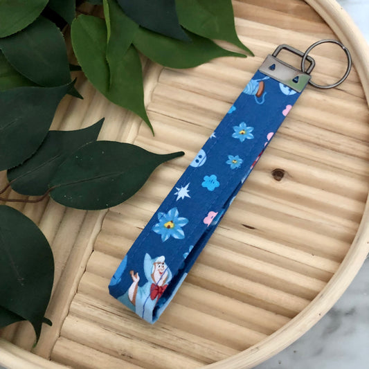 Cinderella’s Fairy Godmother Print Fabric Wristlet Keychain, Key Fob