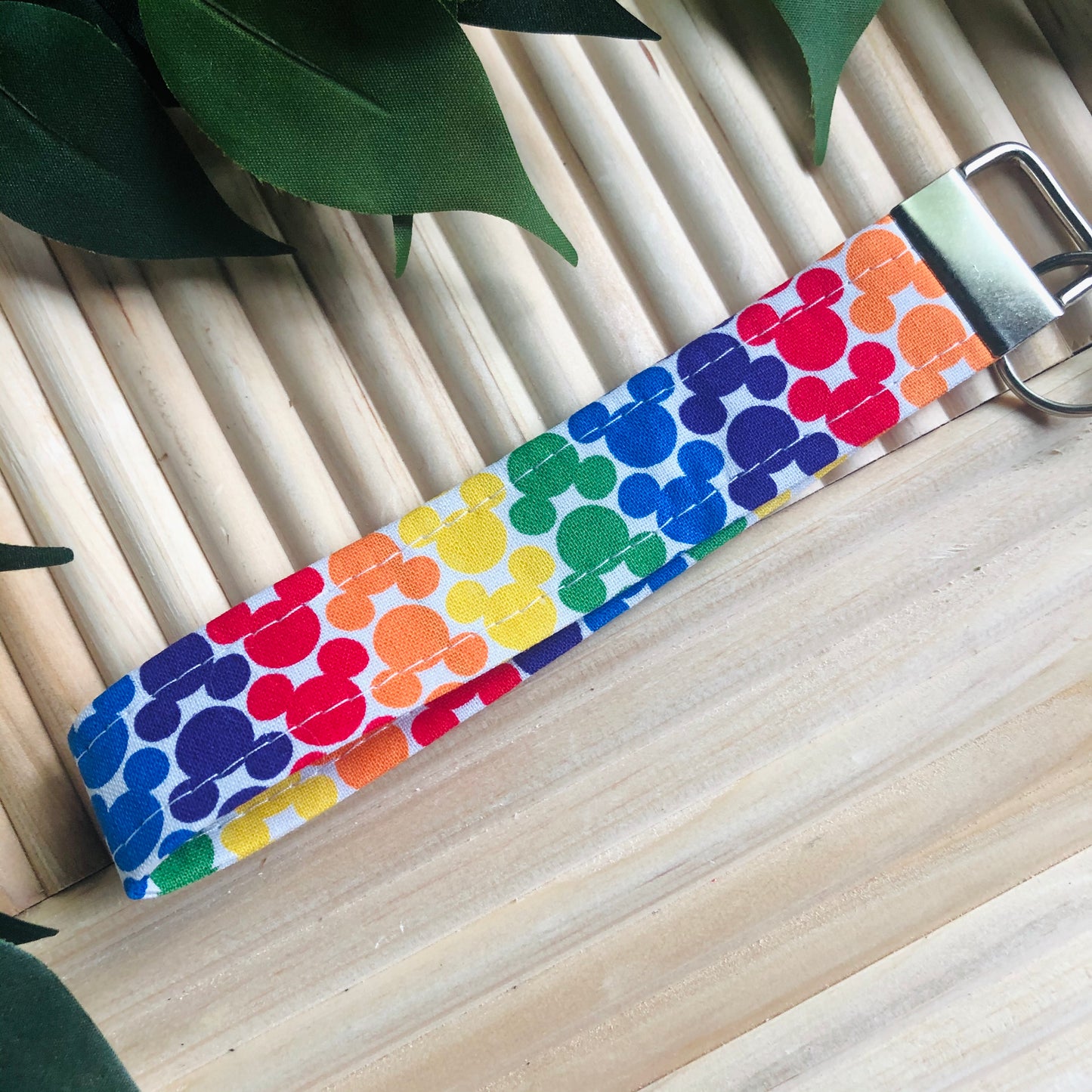 White and Rainbow Mouse Print Fabric Wristlet Keychain, Key Fob