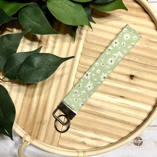 Sage Floral Print Fabric Wristlet Keychain, Key Fob