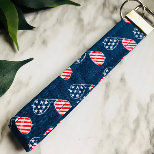 Navy Patriotic Aviator Print Fabric Wristlet Keychain, Key Fob